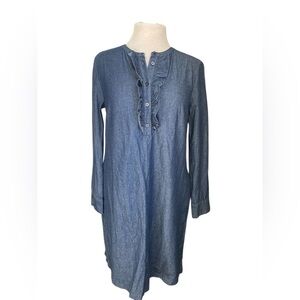 Draper James Shift Dress Chambray Ruffle Placket Long Sleeve Denim Size 8 NWT